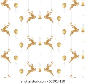 Elegant Shining Christmas Seamless Pattern with Gold Deers, Balls and Bell. Vector illustration