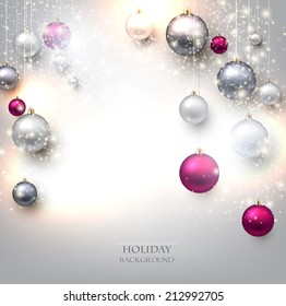 Elegant shiny Christmas background with baubles and place for text. Vector Illustration.