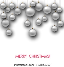 Elegant shiny Christmas background with white baubles and place for text. Vector Illustration.