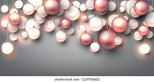 Elegant shiny Christmas background with white baubles and place for text. Vector Illustration.