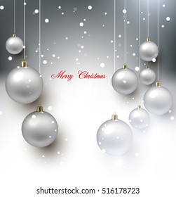 Elegant shiny Christmas background with white baubles and place for text. Vector Illustration.