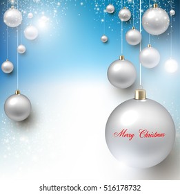 Elegant shiny Christmas background with white baubles and place for text. Vector Illustration.