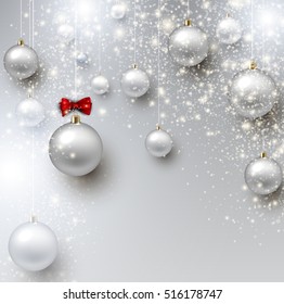 Elegant shiny Christmas background with white baubles and place for text. Vector Illustration.