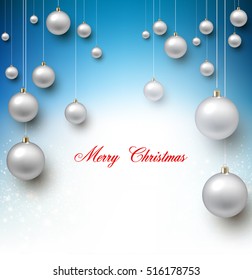 Elegant shiny Christmas background with white baubles and place for text. Vector Illustration.
