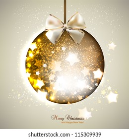 Elegant shiny christmas ball with ribbon. Christmas background