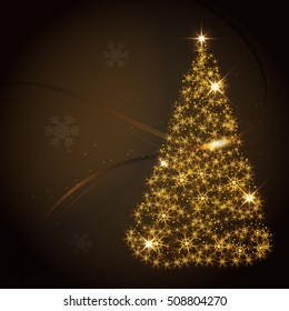 Elegant Shiny Christmas Tree Composed of Sparkled Snowflake Lights on Gold Background. Vector Illustration