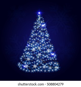 Elegant Shiny Christmas Tree Composed of Sparkled Neon Snowflake Lights on Blue Background. Vector Illustration