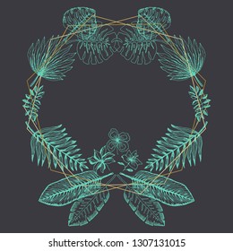Elegant shiny green frame of hand drawn outline tropical leaves and golden polygons. Trendy emerald exotic greenery and flowers border for summer greeting cards, banner design, wedding decoration