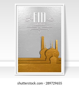 Elegant shiny greeting card with creative golden mosque on floral design decorated silver background for holy festival of Muslim community, Eid Mubarak celebration.