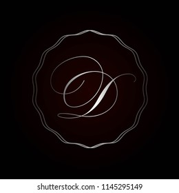 Elegant, shiny metallic letter D in a circular frame.Calligraphic lettering in a luxury style.Vector logo suitable for wedding, beauty and spa business.