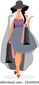 Elegant Shopper Flat Vector Illustration. Beautiful Lady Buying Luxury Clothes In Fashion Boutique. Stylish Shopaholic Purchasing Exclusive Outfit Cartoon Character. Woman With Shopping Bags, Gifts  