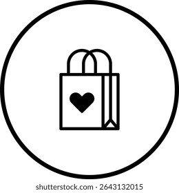 Elegant Shopping Bag Icon with Heart Symbol within a Circular Frame Design