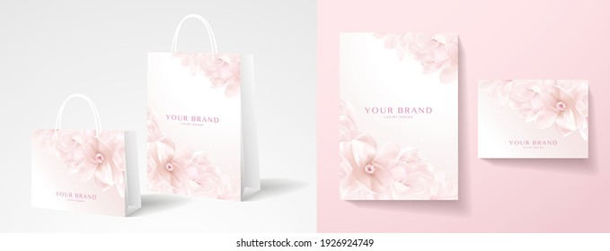 Elegant shopping paper bag design. Template with magnolia flower print. Holiday pink and white pattern for brand gift packet, shop purchase useful for jewelry, perfume store. Vector layout