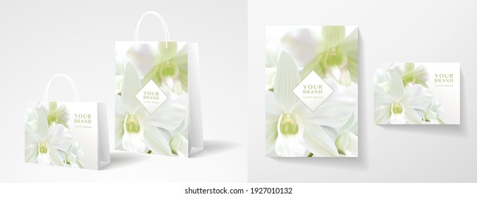 Elegante diseño de bolsos de papel para la compra. Plantilla con flor de orquídea blanca. Patrón floral de vacaciones para paquete de regalo de marca, compra de tienda. Diseño de vectores