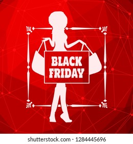 Elegant shopping woman with shopping bags. Black Friday advertising background template. Marketing poster, web page, design. Molecule and communication background. Connected lines with dots.
