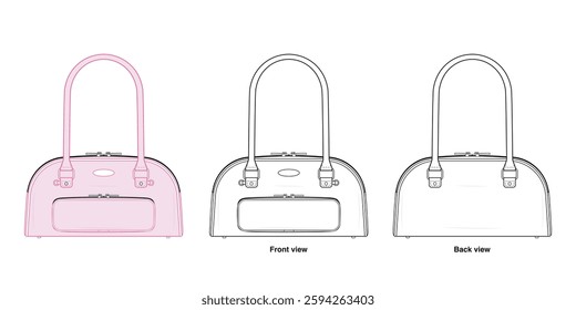 Elegant Shoulder Bag Technical Fashion Illustration. Rectangular Handbag Vector Template. Dual Top Handles. Large front pocket With Zip Closure. Chic and Minimalist. Women’s Accessories.CAD Mockup set