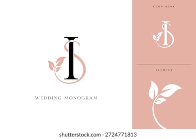 Logotipo elegante do monograma do casamento SI com botânico