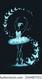 Silhueta elegante de uma bailarina em um tutu fluente, cercado por borboletas etéreas. Perfeito para projetos com temas de dança, ilustrações graciosas e adicionar um toque de magia aos seus projetos.