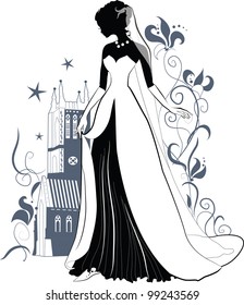 Elegant silhouette of a beautiful bride lifting the hem of a wedding dress. Castle of Gothic architecture on the background of stars and ornate flowers. For stylish and luxurious design. Isabel series