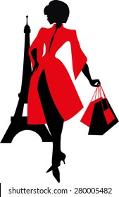 Elegant silhouette. Beautiful woman with the Eiffel Tower. Shopping in Paris. French Style.