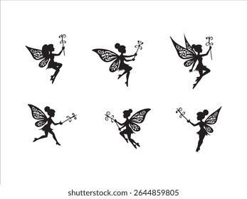 Elegant silhouette collection featuring six whimsical fairies in flight, perfect for adding a touch of fantasy to your designs.