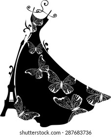 Elegant silhouette dress on hanger with butterflies. Shopping design.