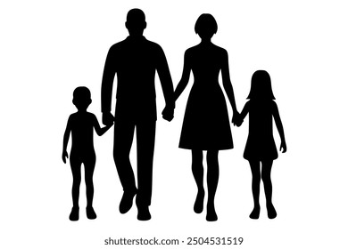 Elegant silhouette of a family of four holding hands, capturing the essence of unity and love. Ideal for designs that celebrate togetherness, harmony, and familial bonds