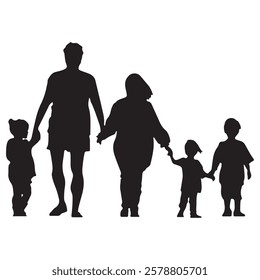 Elegant silhouette of a family of four holding hands, capturing the essence of unity and love. Ideal for designs that celebrate togetherness, harmony, and familial bonds