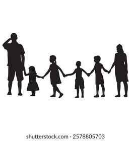 Elegant silhouette of a family of four holding hands, capturing the essence of unity and love. Ideal for designs that celebrate togetherness, harmony, and familial bonds