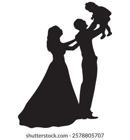 Elegant silhouette of a family of four holding hands, capturing the essence of unity and love. Ideal for designs that celebrate togetherness, harmony, and familial bonds