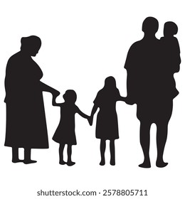 Elegant silhouette of a family of four holding hands, capturing the essence of unity and love. Ideal for designs that celebrate togetherness, harmony, and familial bonds