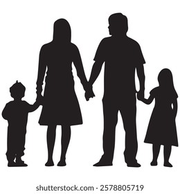 Elegant silhouette of a family of four holding hands, capturing the essence of unity and love. Ideal for designs that celebrate togetherness, harmony, and familial bonds