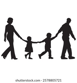 Elegant silhouette of a family of four holding hands, capturing the essence of unity and love. Ideal for designs that celebrate togetherness, harmony, and familial bonds