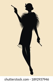 Elegant silhouette of a flapper girl in 20s, 30s,  retro style, wearing a hat and armed with guns