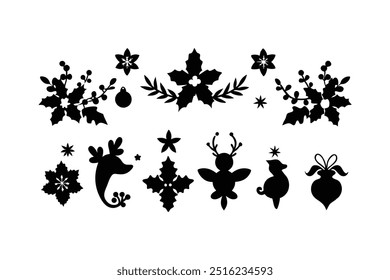 Elegant silhouette floral Christmas border design featuring intricate floral patterns perfect for holiday cards, decorations, and seasonal templates. Ideal for festive digital projects and prints.