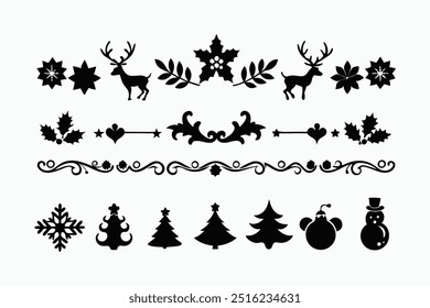 Elegant silhouette floral Christmas border design featuring intricate floral patterns perfect for holiday cards, decorations, and seasonal templates. Ideal for festive digital projects and prints.