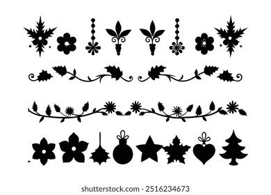 Elegant silhouette floral Christmas border design featuring intricate floral patterns perfect for holiday cards, decorations, and seasonal templates. Ideal for festive digital projects and prints.