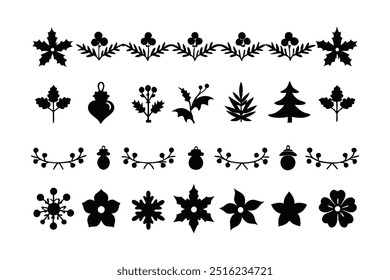 Elegant silhouette floral Christmas border design featuring intricate floral patterns perfect for holiday cards, decorations, and seasonal templates. Ideal for festive digital projects and prints.