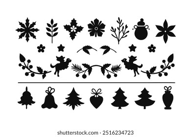 Elegant silhouette floral Christmas border design featuring intricate floral patterns perfect for holiday cards, decorations, and seasonal templates. Ideal for festive digital projects and prints.