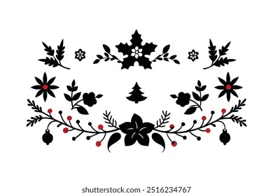 Elegant silhouette floral Christmas border design featuring intricate floral patterns perfect for holiday cards, decorations, and seasonal templates. Ideal for festive digital projects and prints.