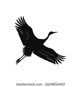 Elegant Silhouette of a Flying Crane Bird with Outstretched Wings. Nature and Wildlife Art for Stock Illustrations and Graphics.