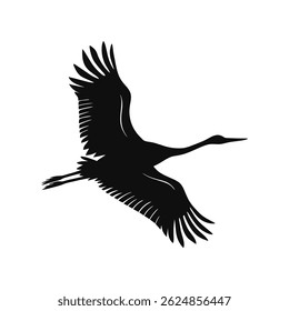 Elegant Silhouette of a Flying Crane Bird with Outstretched Wings. Nature and Wildlife Art for Stock Illustrations and Graphics.