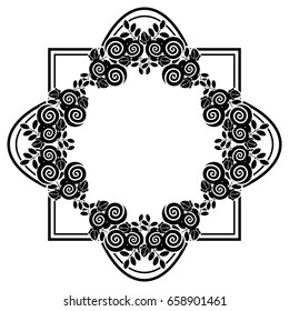 Elegant silhouette frame with decorative roses. Copy space. Vector clip art.