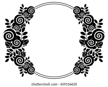 Elegant silhouette frame with decorative roses. Copy space. Vector clip art.