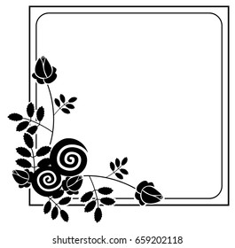 Elegant silhouette frame with decorative roses. Copy space. Vector clip art.