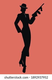 Elegant silhouette of a lady in the retro style, wearing a hat and armed with a submachine gun