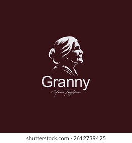 Elegant Silhouette Logo Design of Old Woman in ink drawing style with dark background