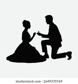 Silhueta elegante de um homem propondo a uma mulher em um vestido vintage. Vetor preto e branco perfeito para projetos de amor, romance, noivado ou Dia dos Namorados.
