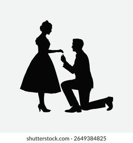 Silhueta elegante de um homem propondo a uma mulher em um vestido vintage. Vetor preto e branco perfeito para projetos de amor, romance, noivado ou Dia dos Namorados.