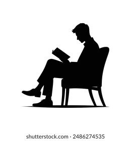 Elegant Silhouette of Man Reading Book - Black and White Vector Illustration for Education, Literature, and Relaxation Concepts